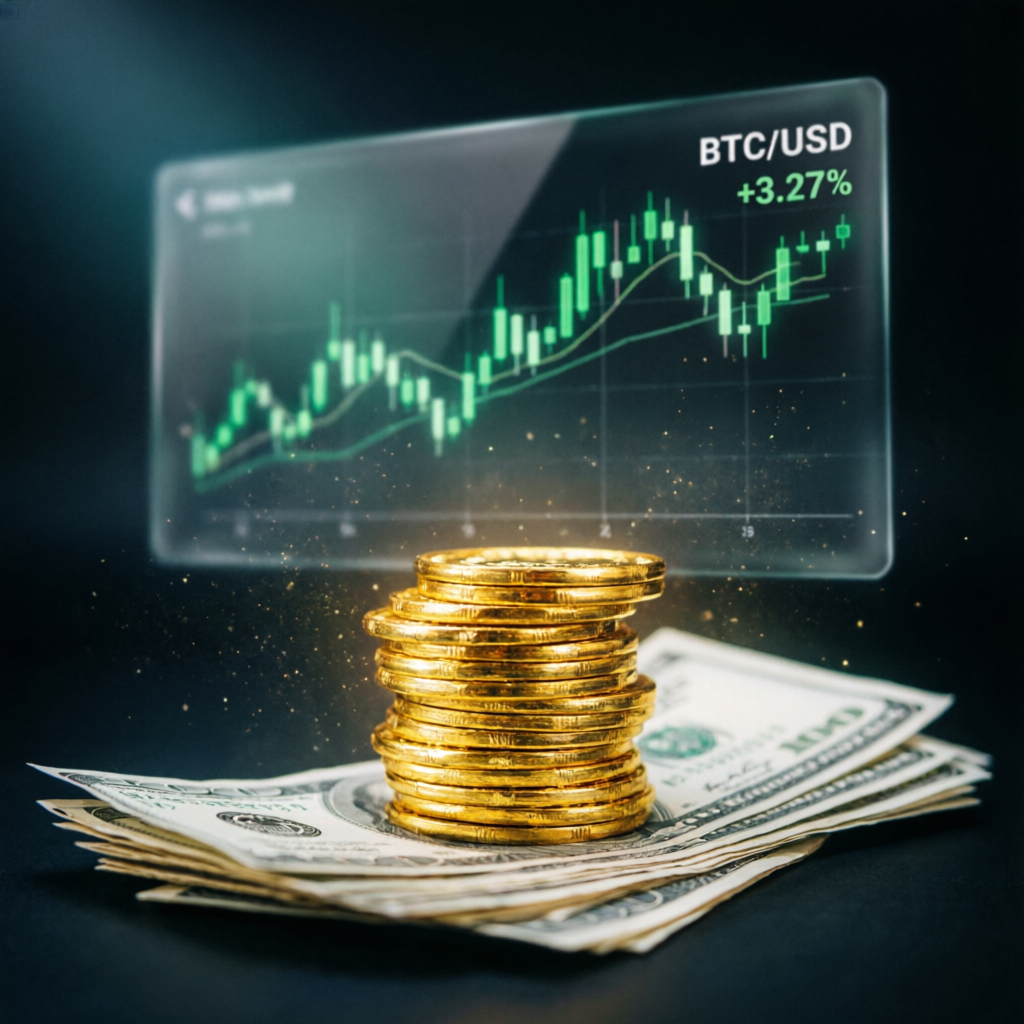 Payout success visualization with gold coins and trading profits