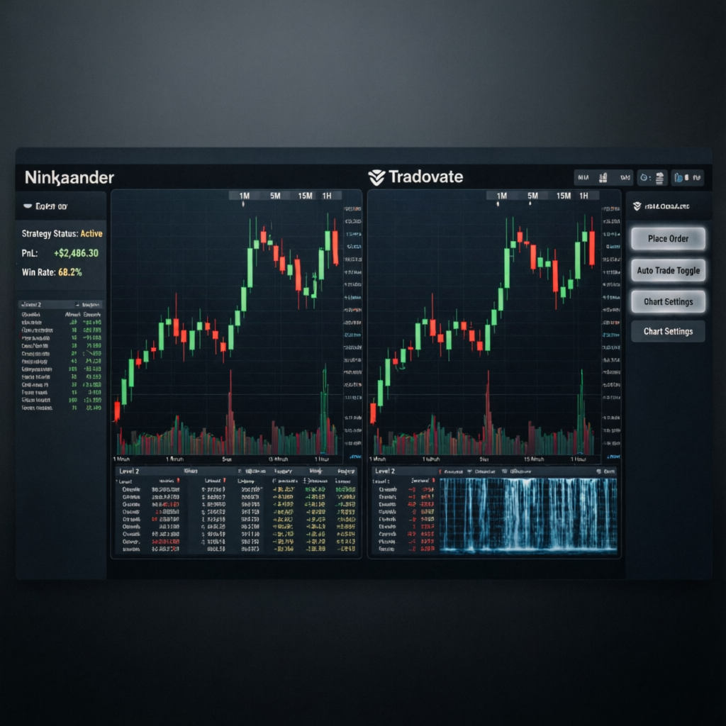 Professional trading platform interface with NinjaTrader and Tradovate charts