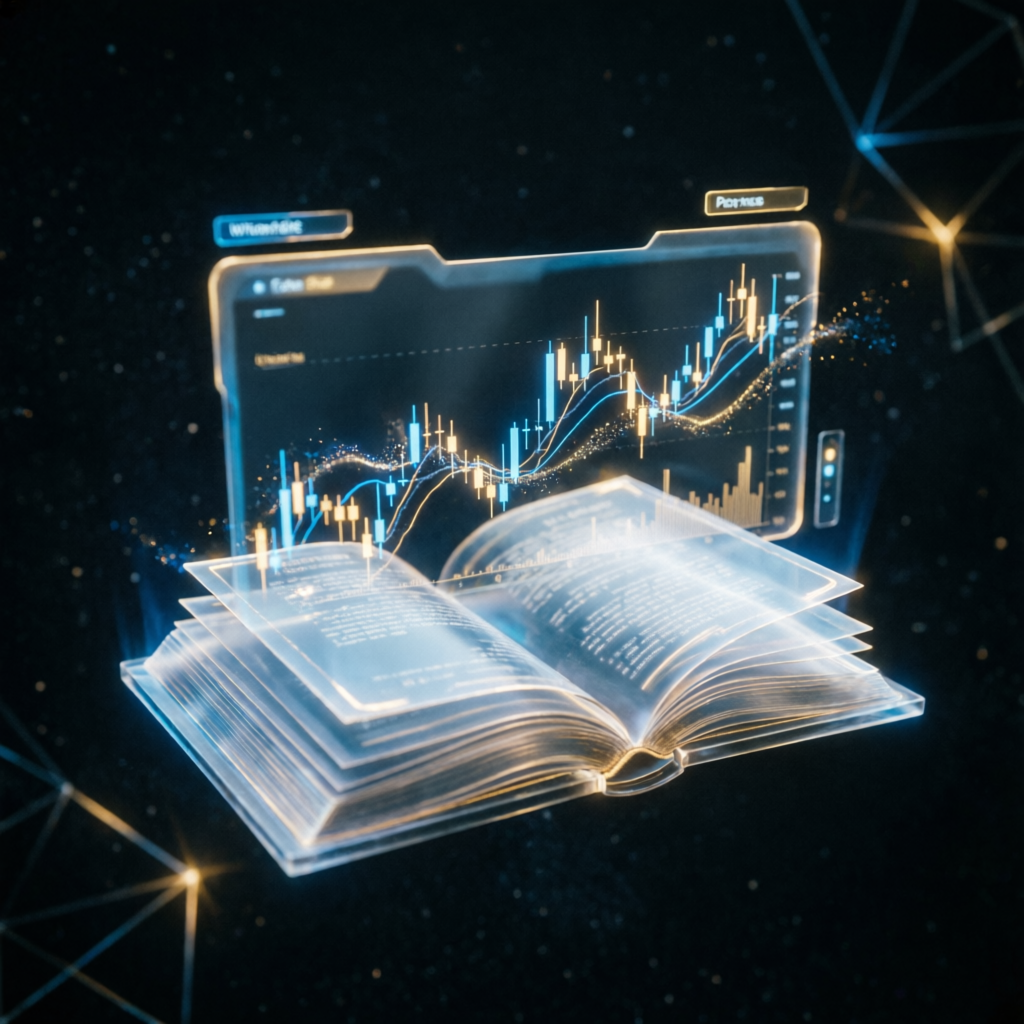 Trading education book with holographic charts