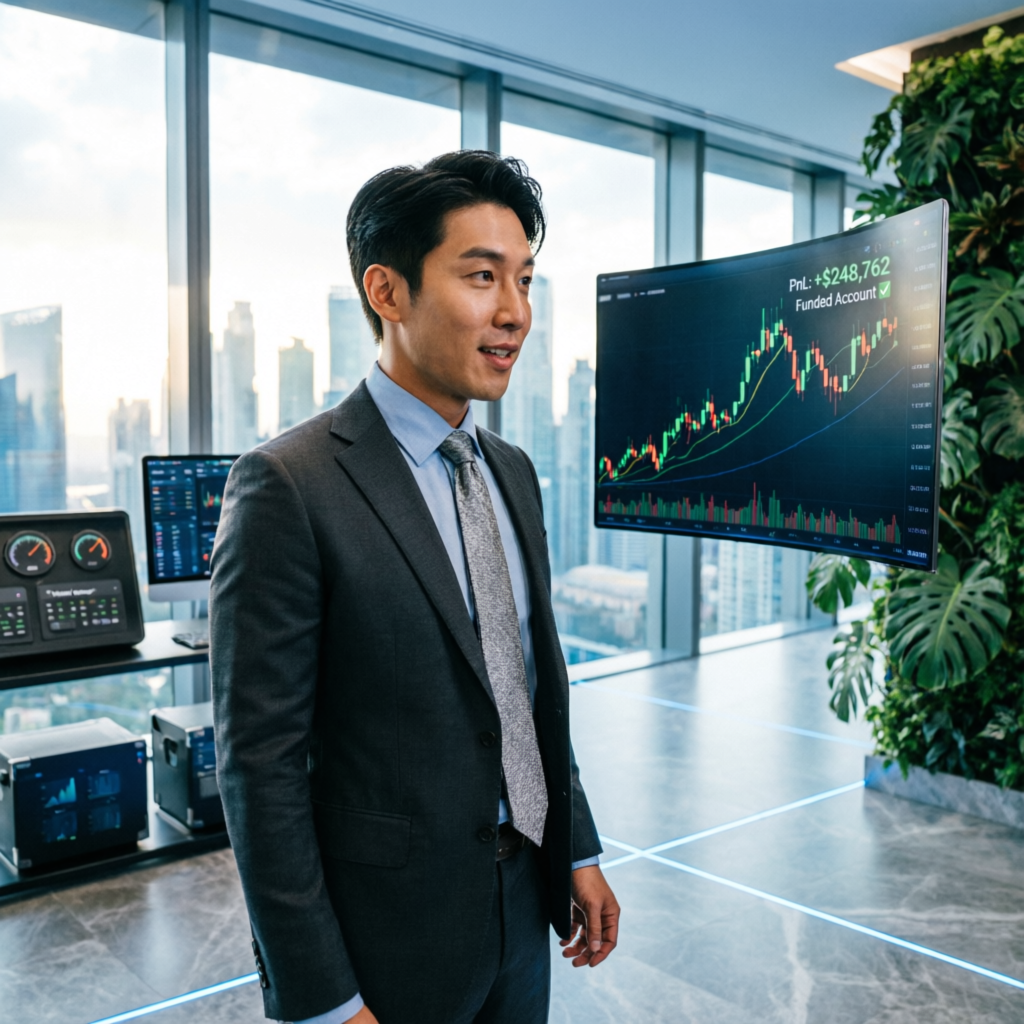 Successful funded trader reviewing profitable trading account