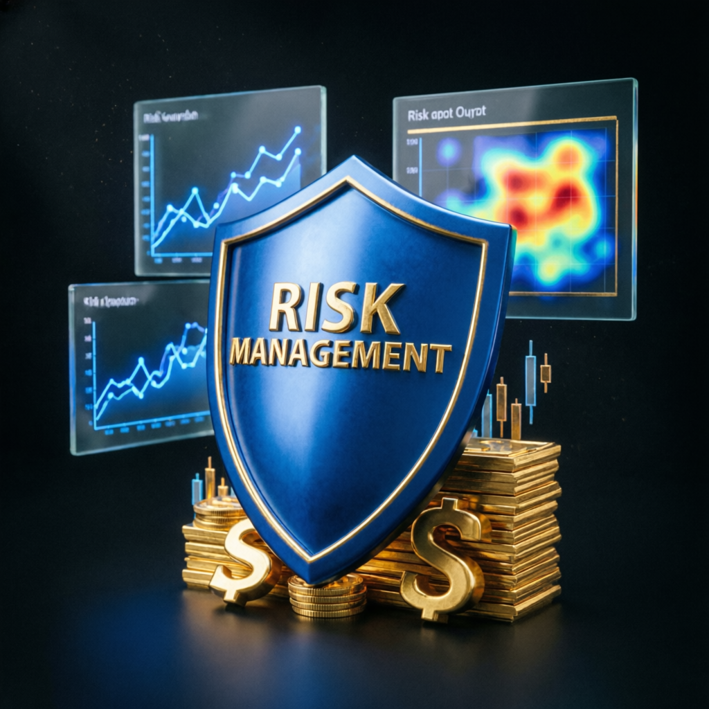 Risk management shield protecting trading capital with financial charts