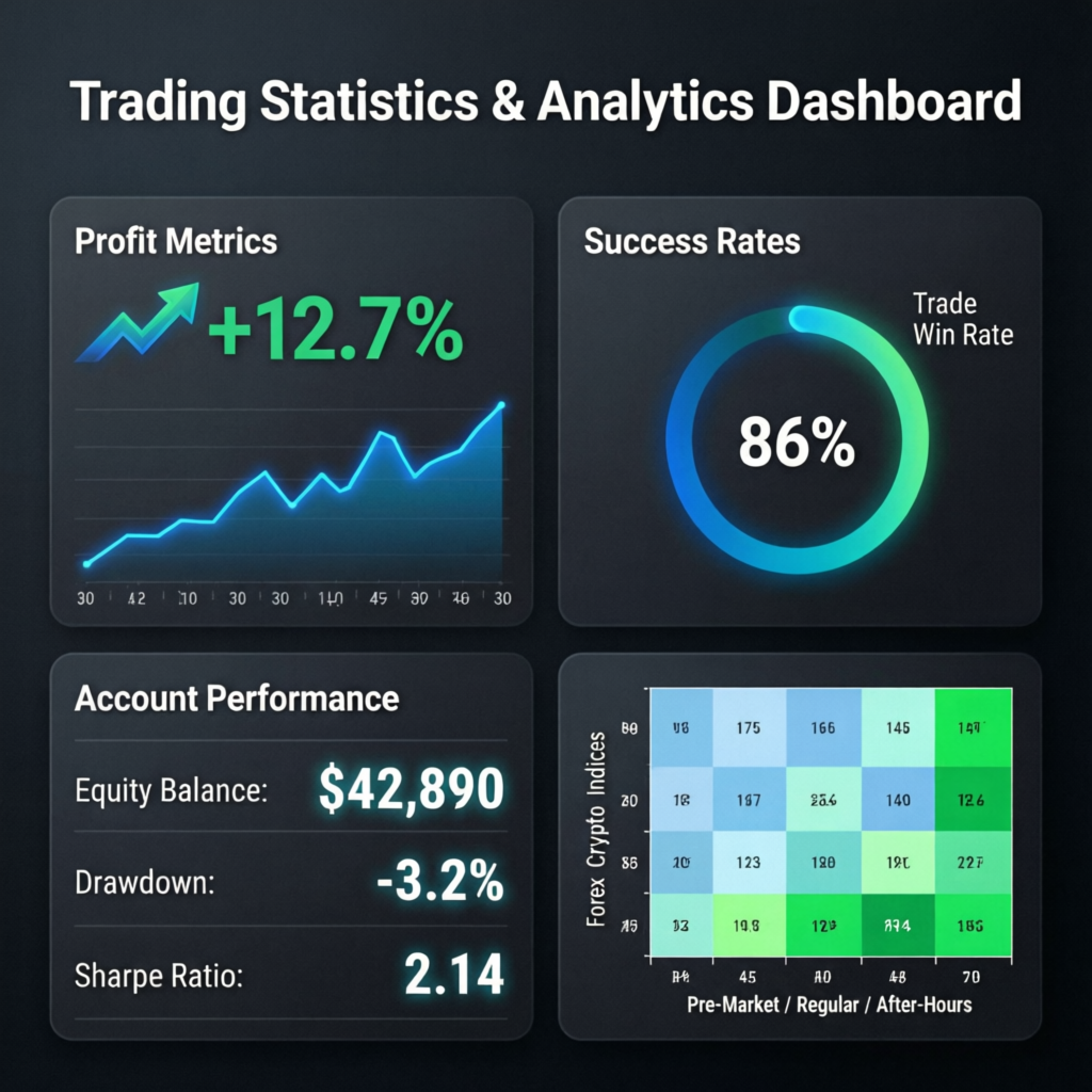 Trading statistics and analytics dashboard showing Topstep pass strategies