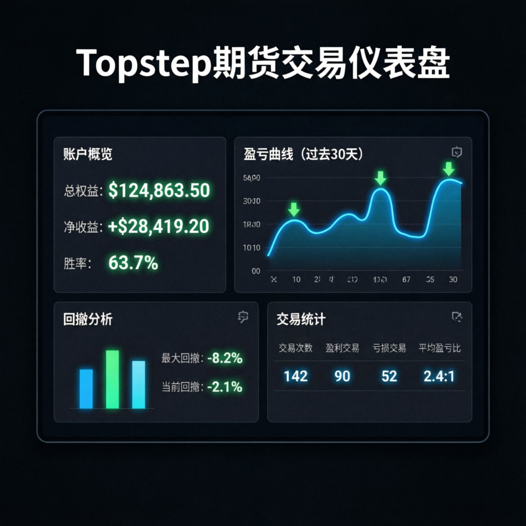 Topstep Trading Combine Dashboard with profit metrics and account statistics