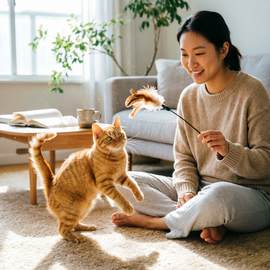 Cat owner bonding with cat
