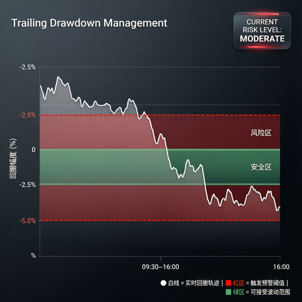 Trailing drawdown management visualization showing risk zones