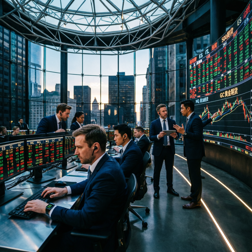 Futures trading floor with professional traders analyzing markets