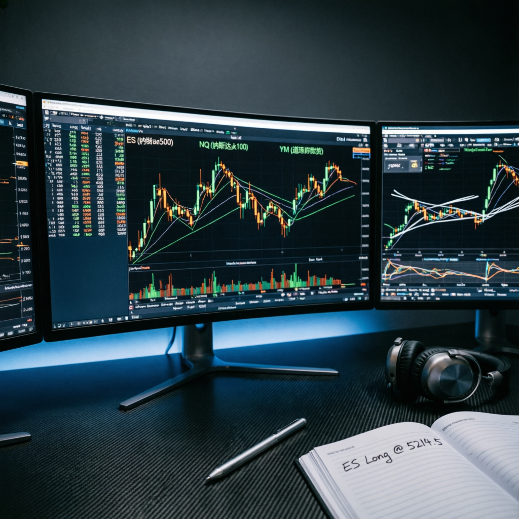 NinjaTrader and TradingView platform interface with multiple futures charts