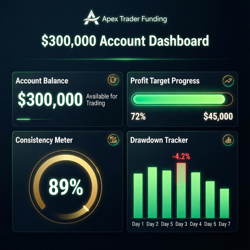 Apex 300K Account Dashboard showing balance and profit target