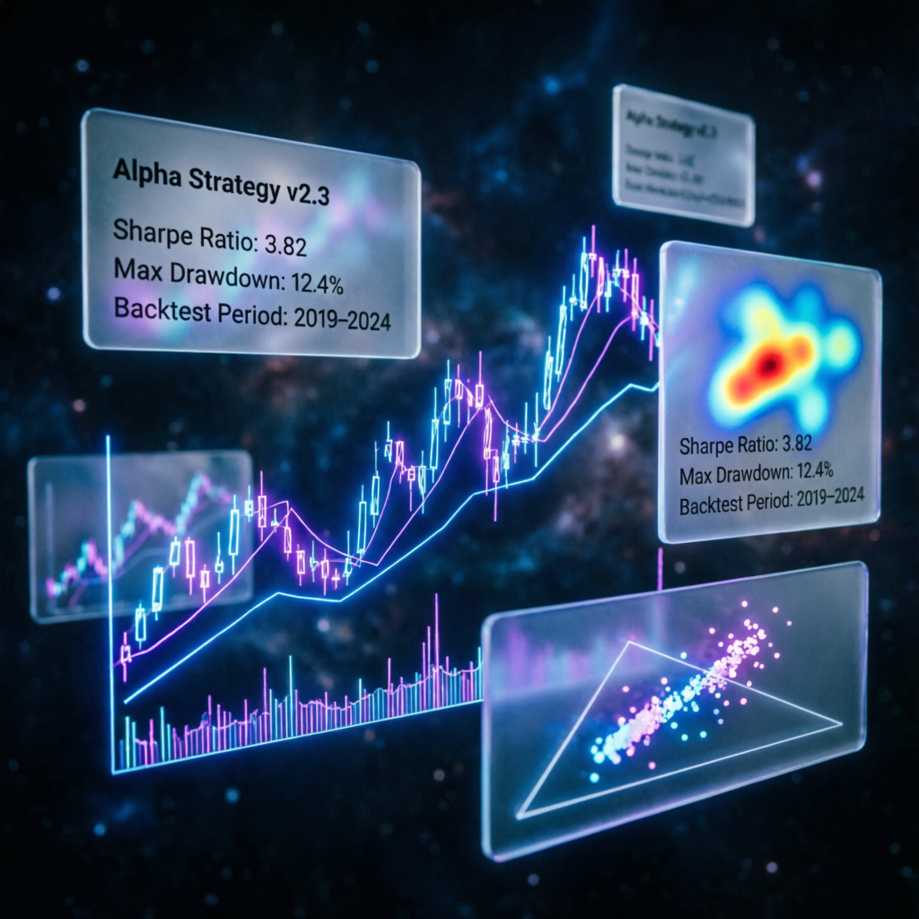 Trading strategy blueprint with holographic charts