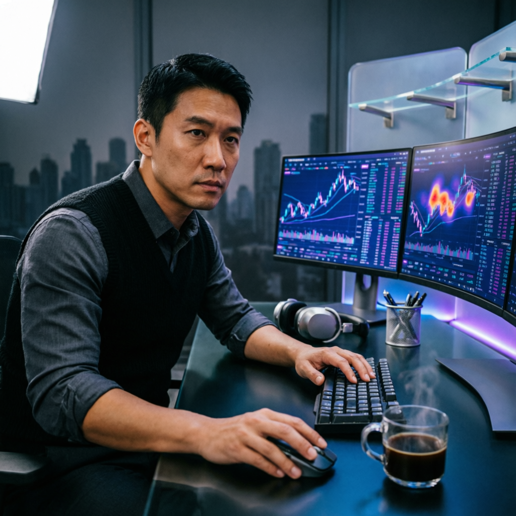 Professional forex trader at multi-monitor trading setup