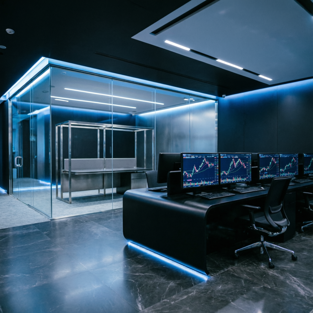 Modern prop trading firm office with advanced trading terminals