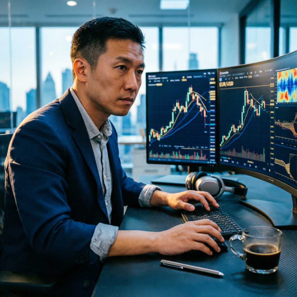 Professional forex trader analyzing prop firm challenge charts