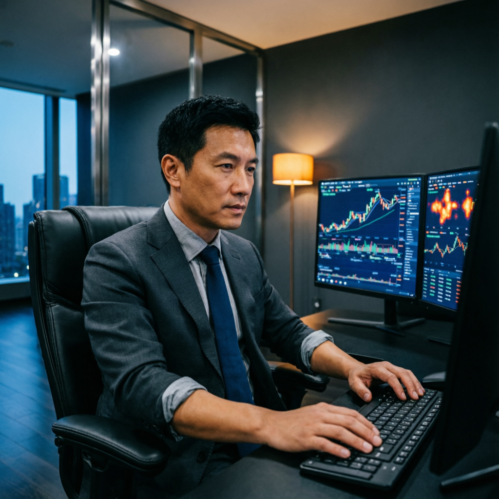 Professional trader analyzing futures markets on multiple monitors