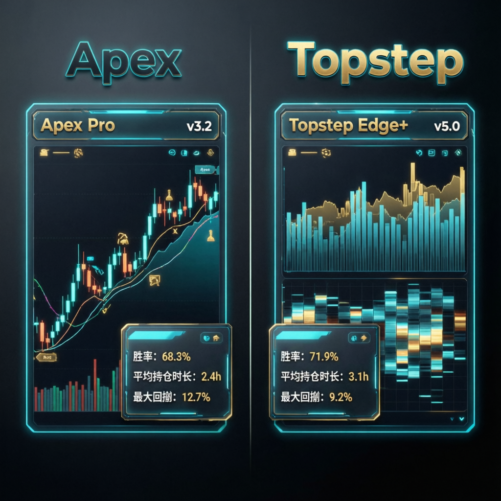 Apex Trader Funding vs Topstep comparison dashboard showing trading metrics