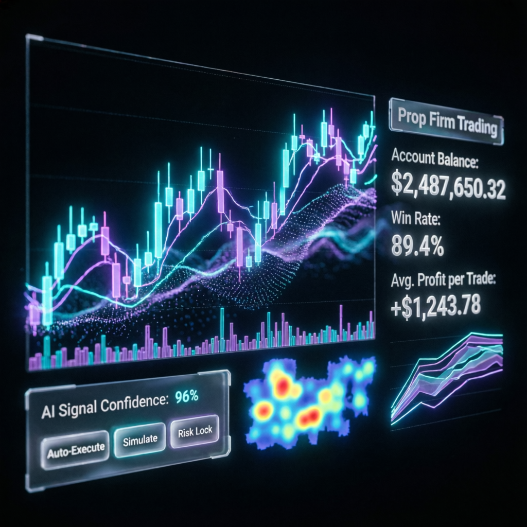 Apex Trader Funding futuristic trading dashboard with AI analytics