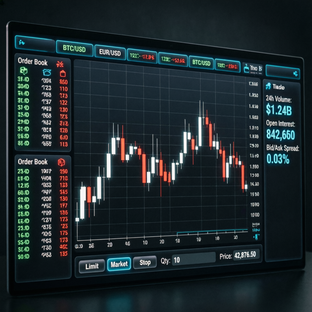 Professional futures trading platform interface with candlestick charts