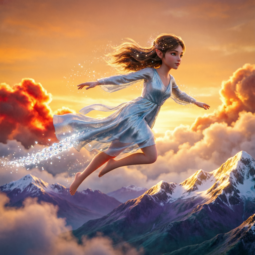 Fairy flying over mountains at sunset