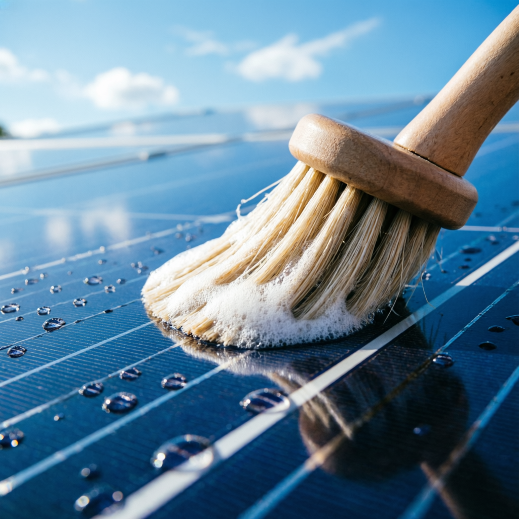 Soft brush cleaning a glossy solar panel