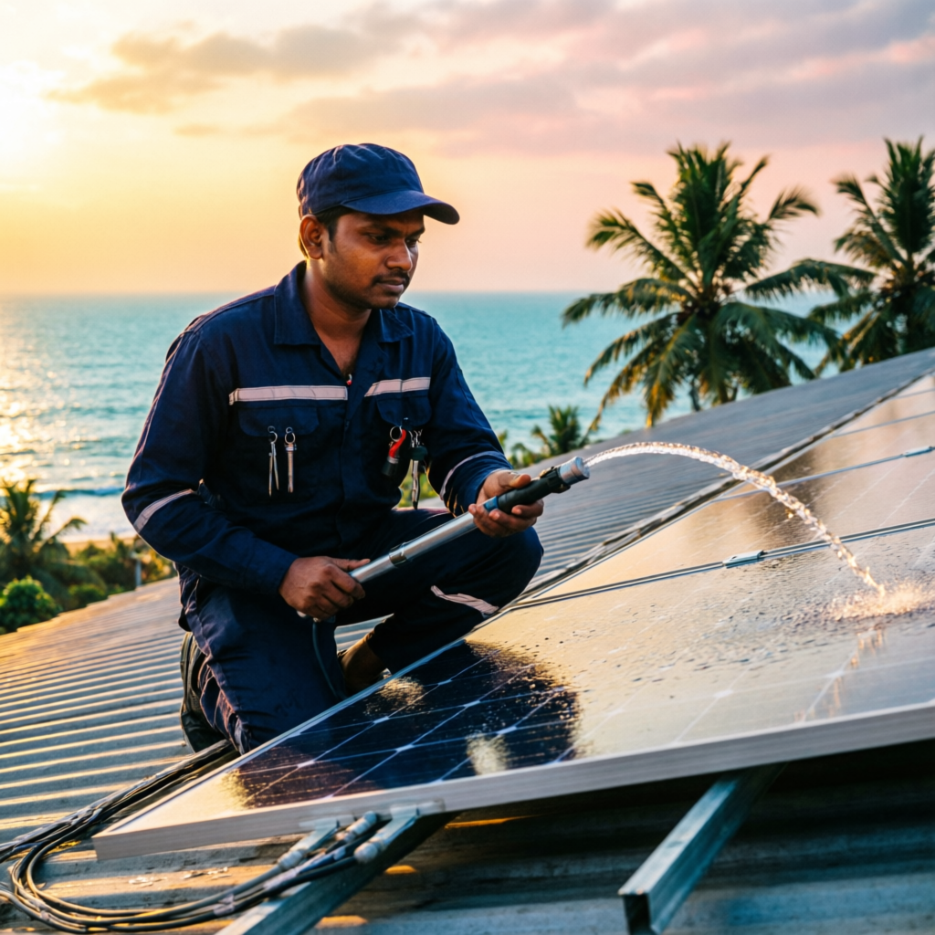 Rooftop solar cleaning at golden hour