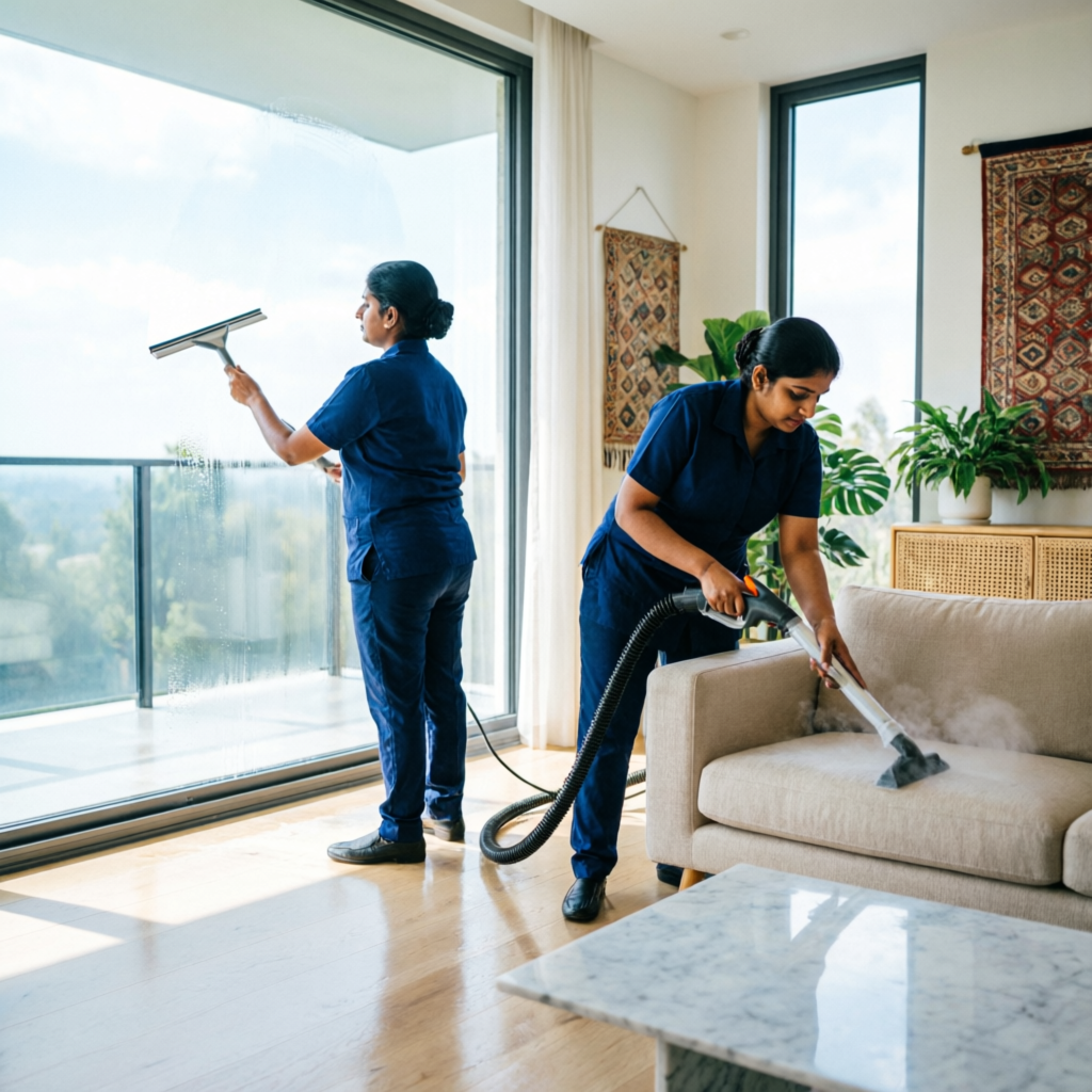 FutureNova team deep cleaning a living room