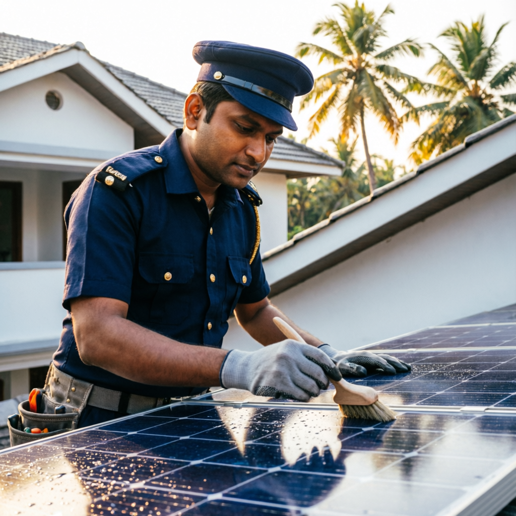 Solar panel cleaning on a rooftop