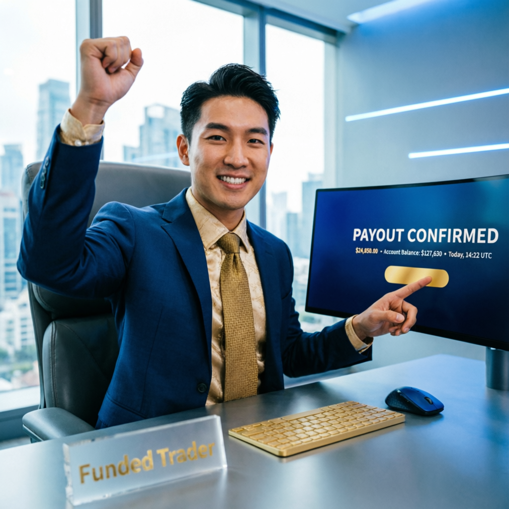 Funded trader celebrating payout confirmation - Topstep beginner payout