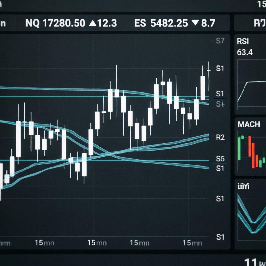 Futures trading chart with candlestick patterns and indicators - Topstep evaluation rules