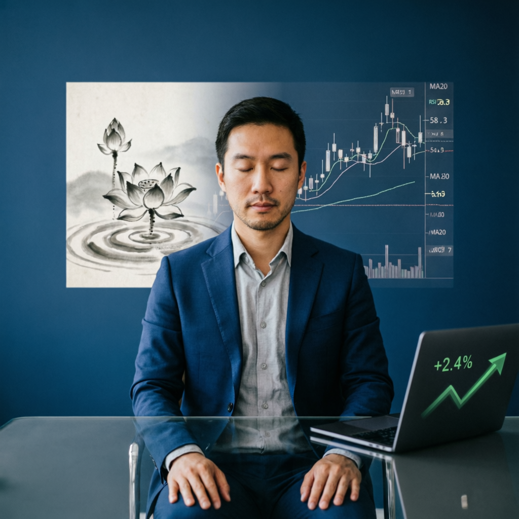 Trader with calm mindset and trading charts - Topstep beginner trading psychology