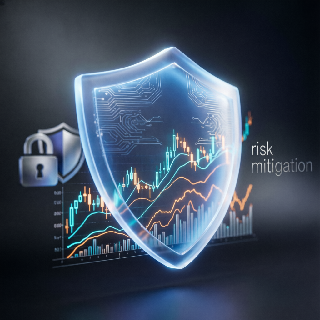 Risk management concept with protective shield over trading charts representing financial security in prop firm trading