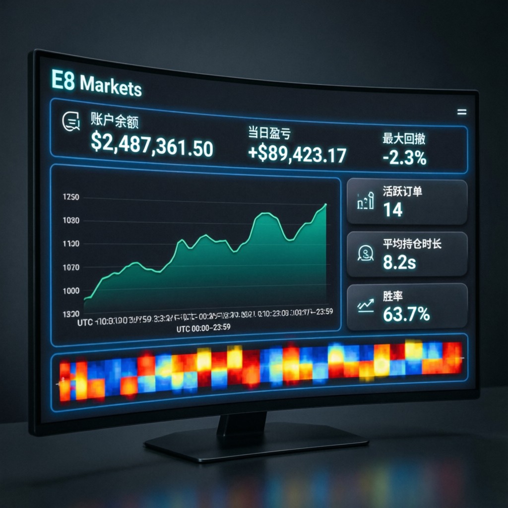 E8 Markets trading dashboard interface showing account balance, profit metrics, and performance statistics on a curved monitor
