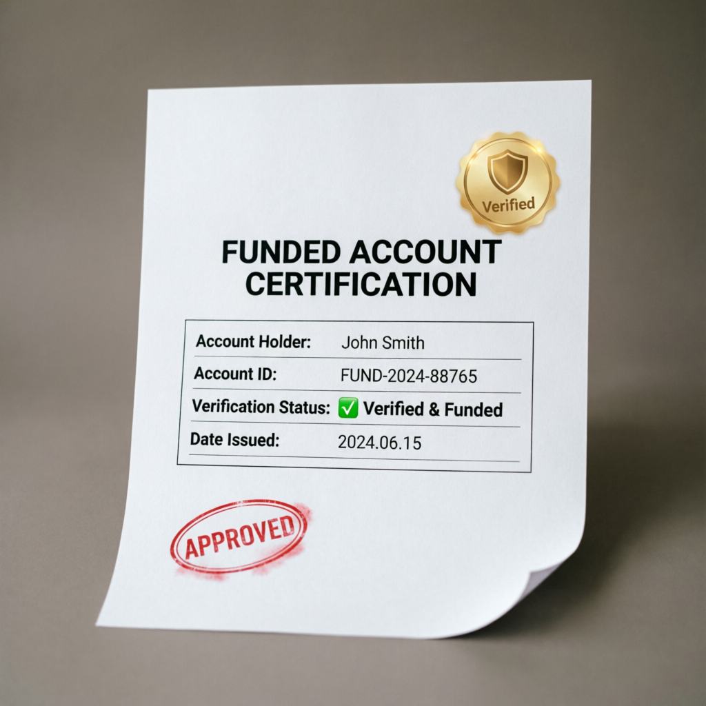 Funded account certification document with verification badge showing verified and funded status