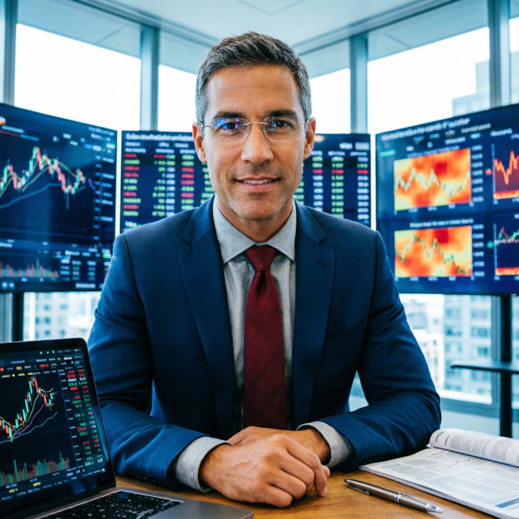 Professional forex trader in a modern trading office with multiple financial screens displaying market data and charts