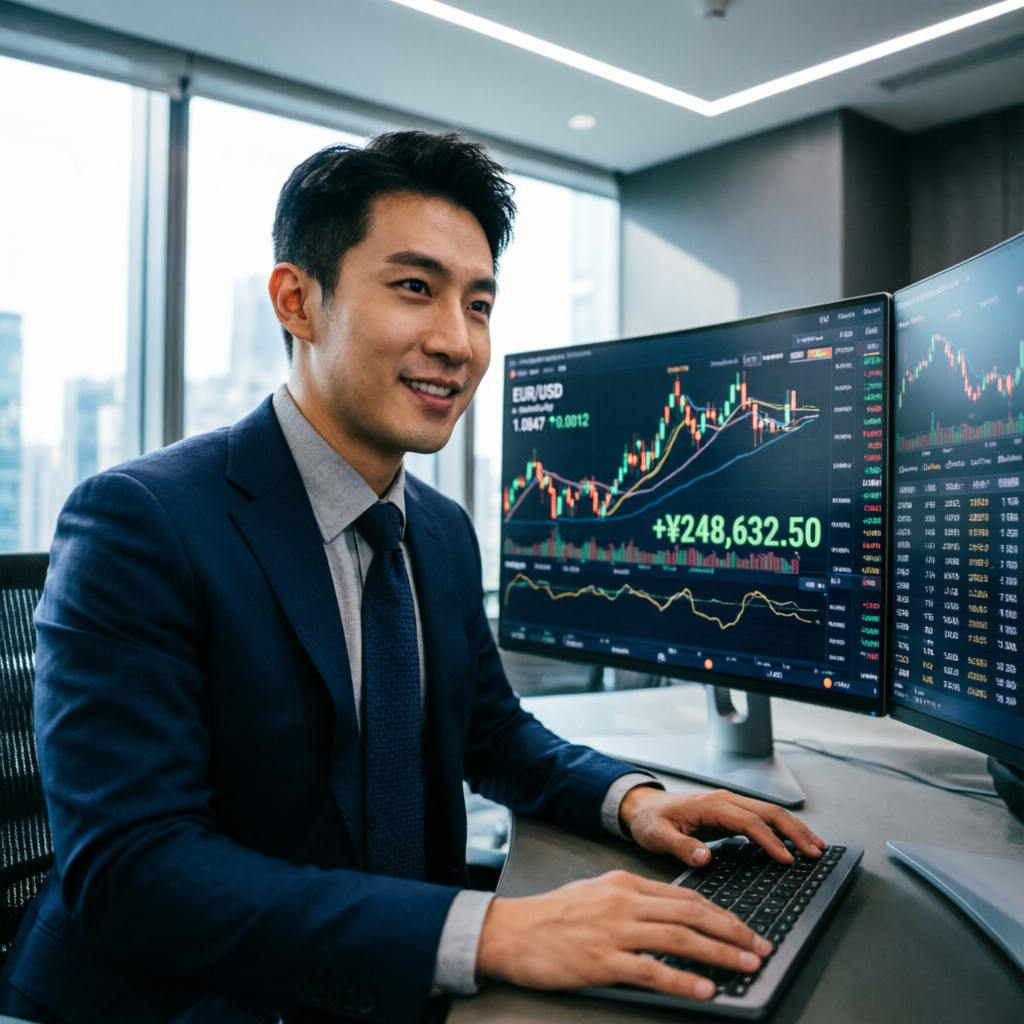 Professional trader reviewing profitable trading results on multiple screens in a modern trading office