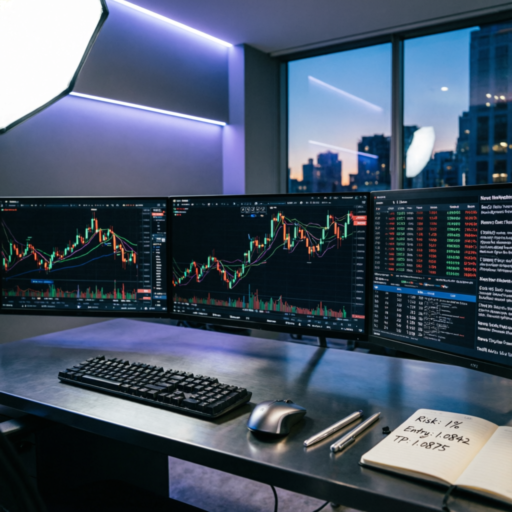Professional forex trading setup with multiple monitors displaying candlestick charts and financial data - PFM Capitals E8 Markets Account Management
