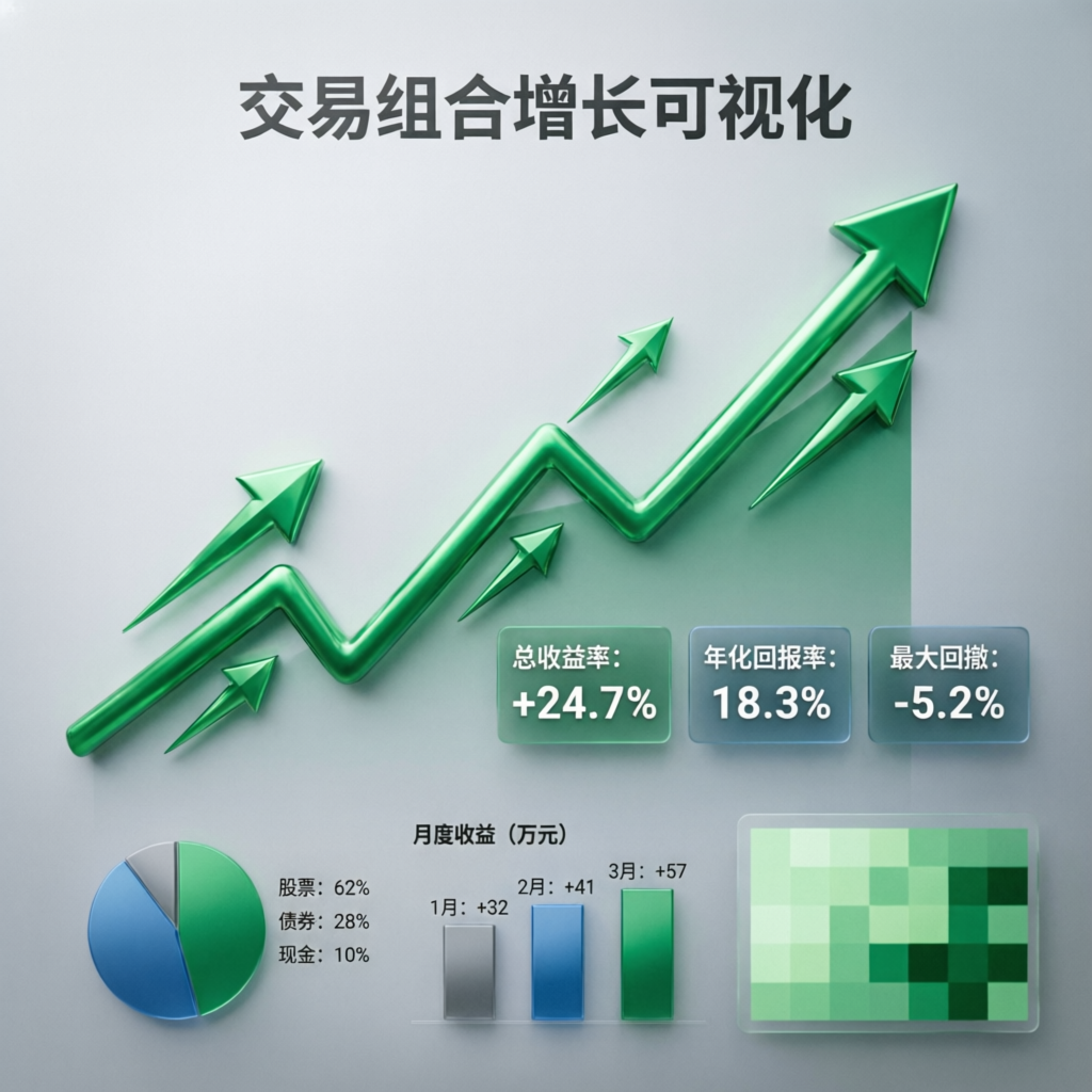 Trading portfolio growth visualization showing upward trending performance with profit metrics