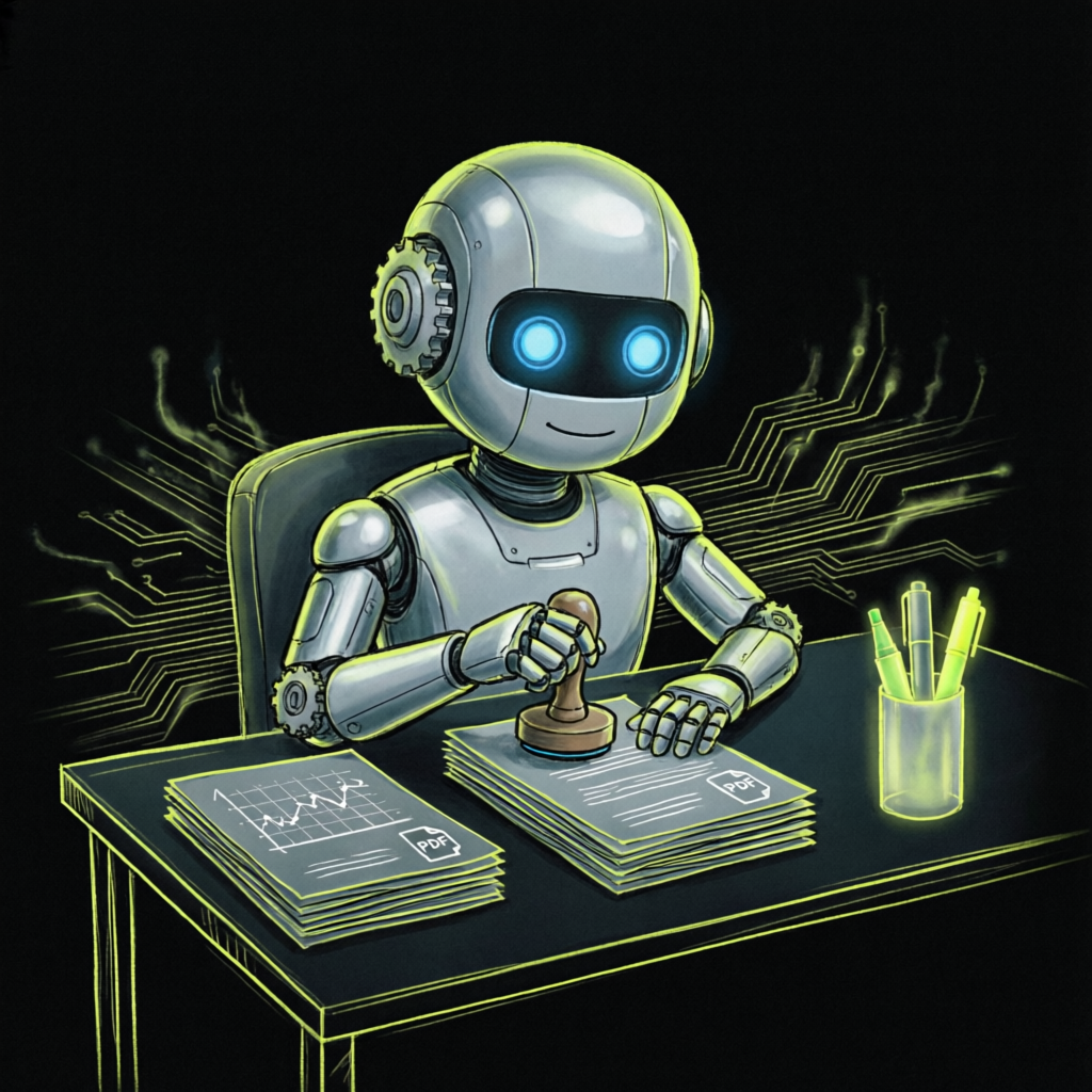 Robot office clerk stamping documents