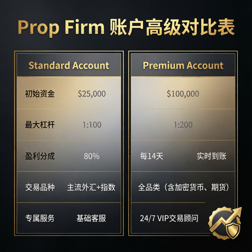 Prop firm account comparison table showing different account types and features