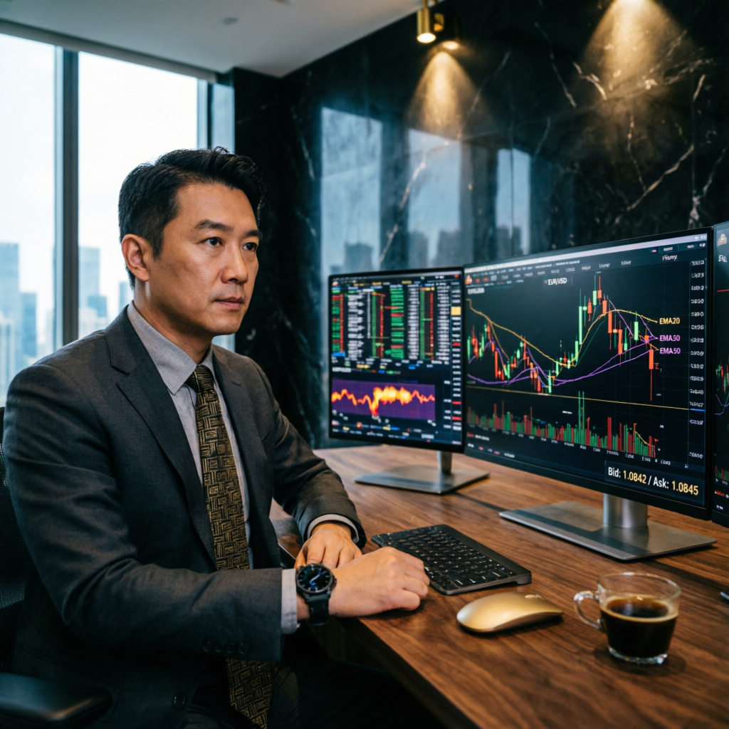 Professional forex trader analyzing Apex 100K account charts on multiple monitors