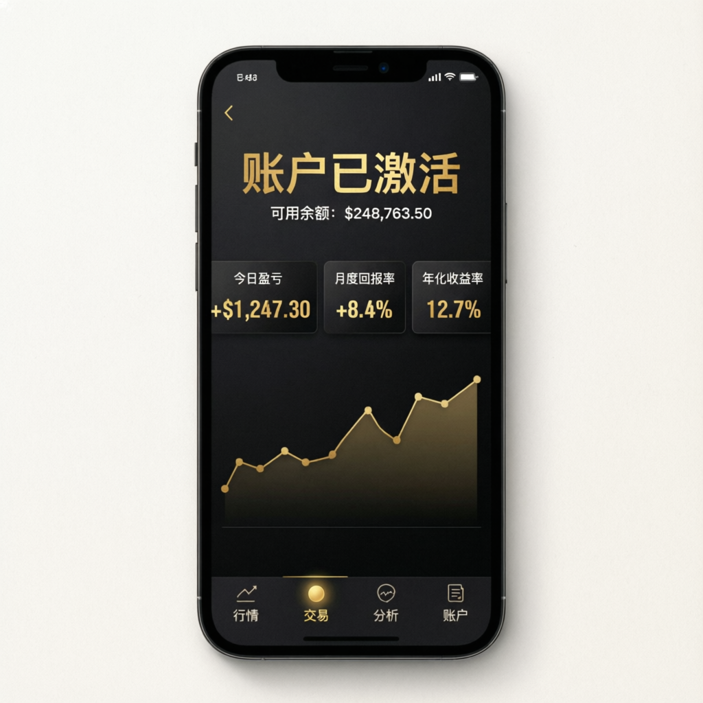 Mobile trading app showing activated funded account with profit metrics