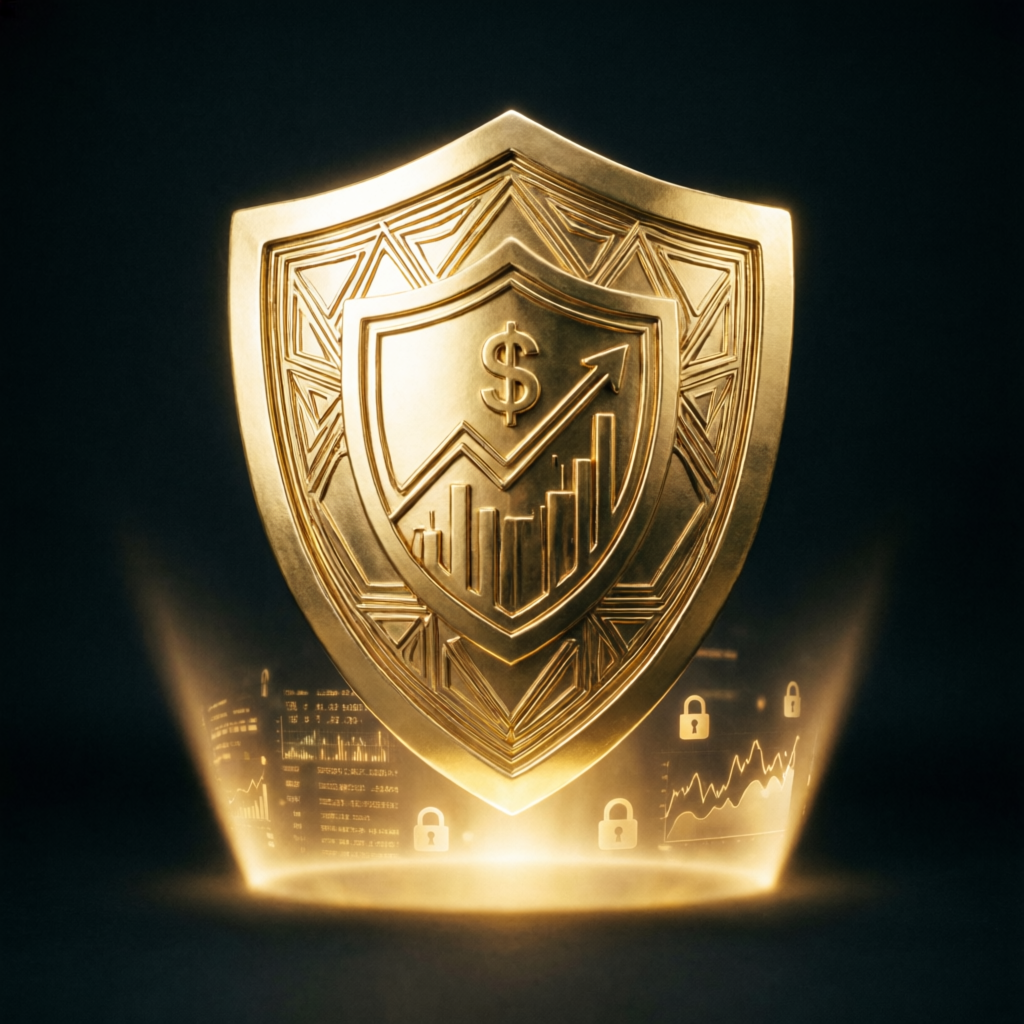 Gold shield protecting trading capital representing risk management in prop trading