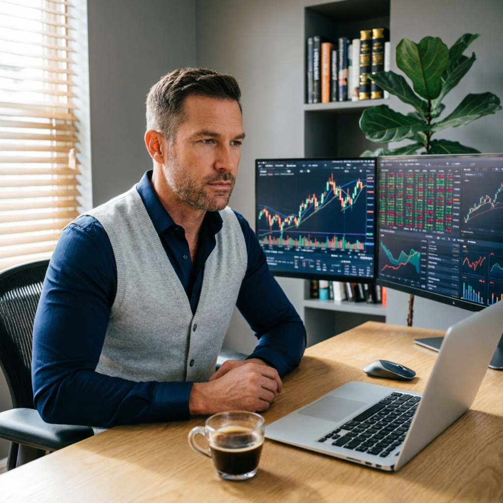 Professional trader working from home office with dual monitors showing futures charts