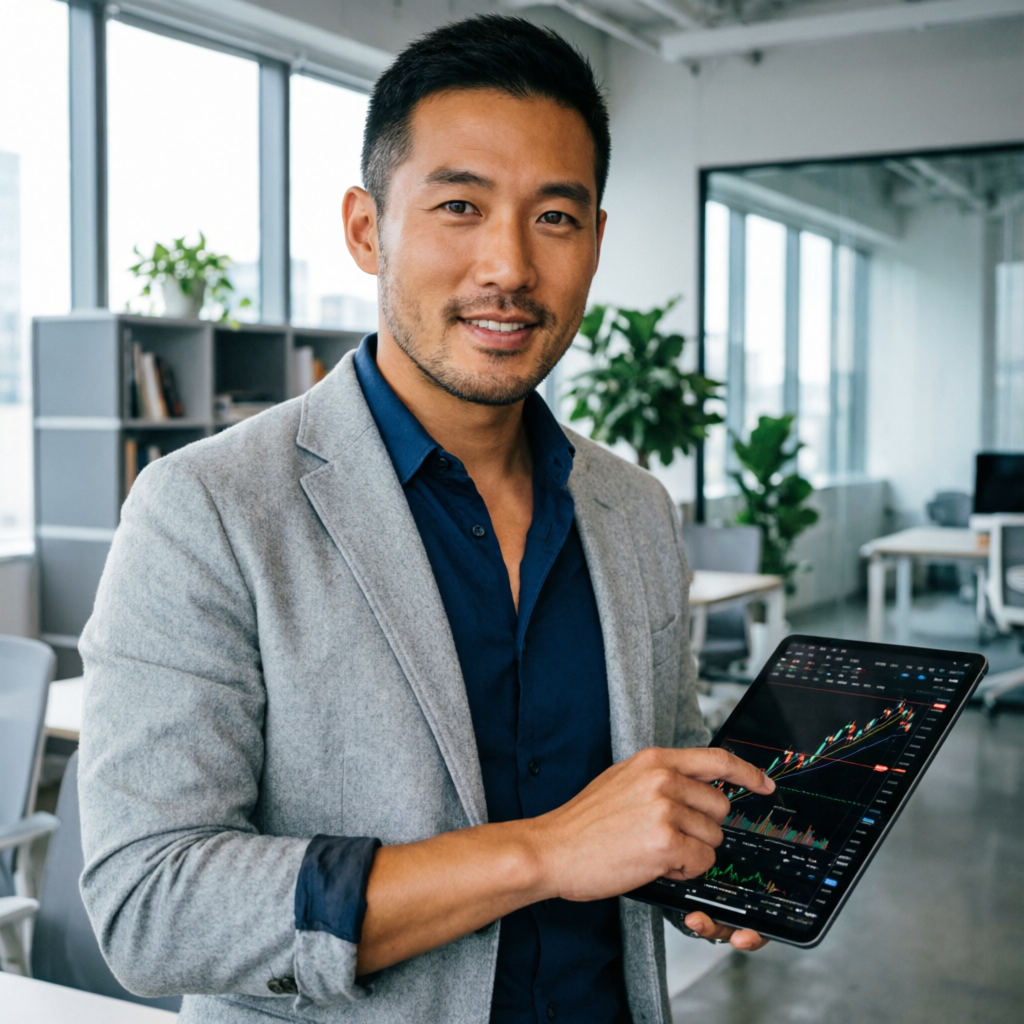 Professional trader analyzing financial charts on tablet in modern office - Topstep funded trader