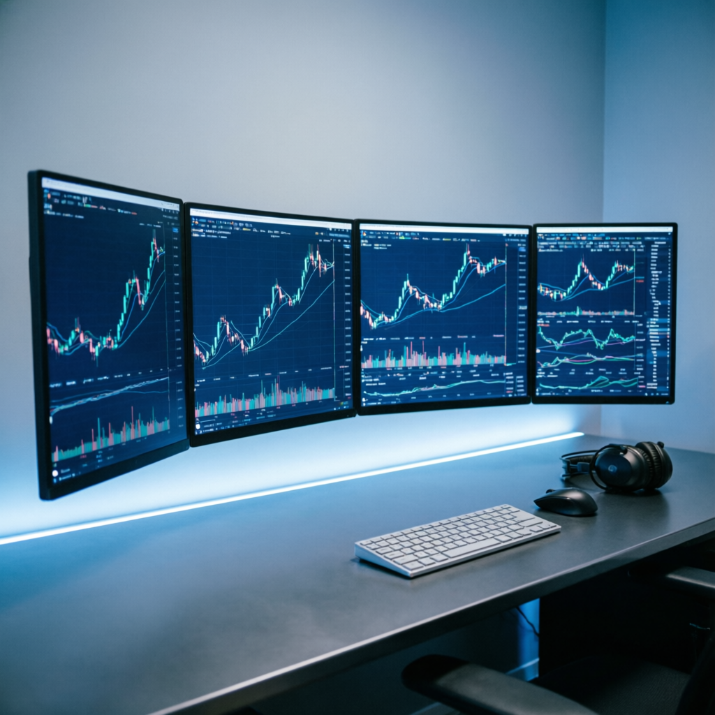Professional trading desk setup with multiple monitors showing futures charts - Topstep trading environment