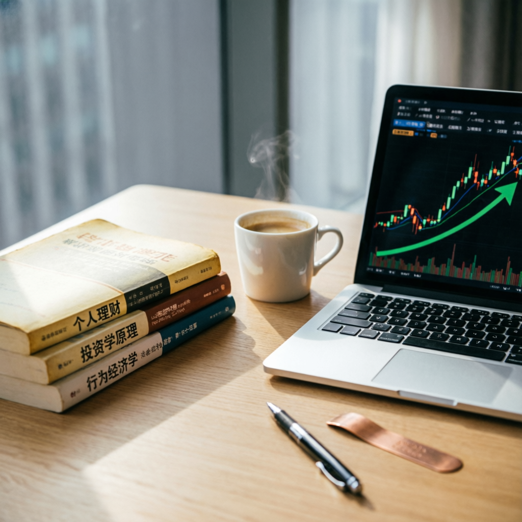 Trading education setup with books, laptop showing charts, and coffee - Topstep learning resources
