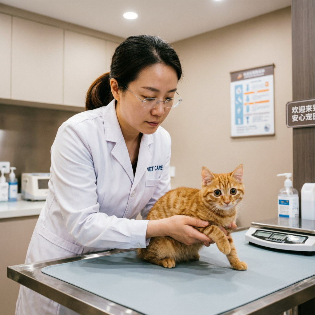 Veterinarian examining cat
