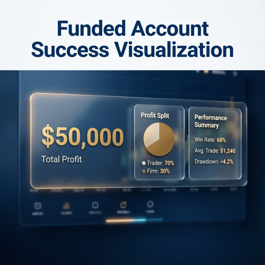 Funded account success visualization showing profit split and performance metrics