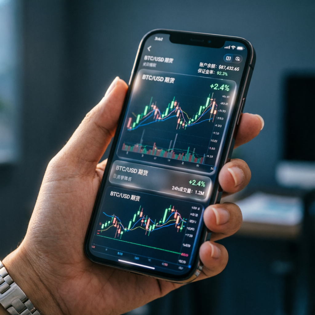 Mobile trading app showing BTC/USD futures charts for My Funded Futures mobile trading