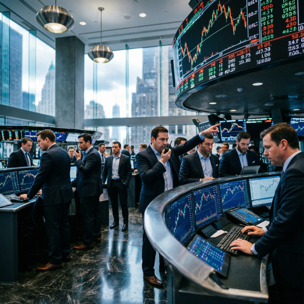 Professional futures trading floor with traders executing orders