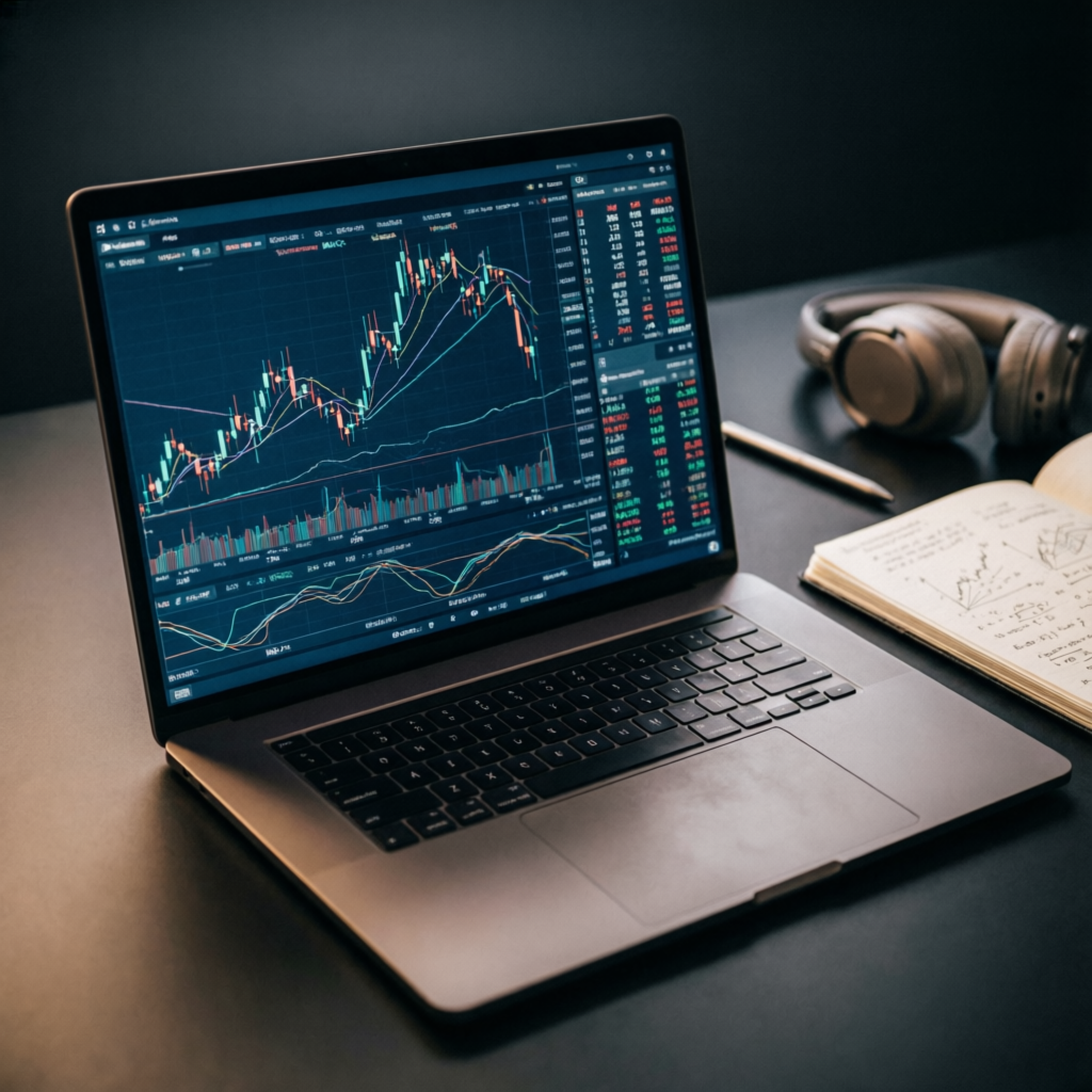 Laptop displaying Topstep Tradovate trading platform integration