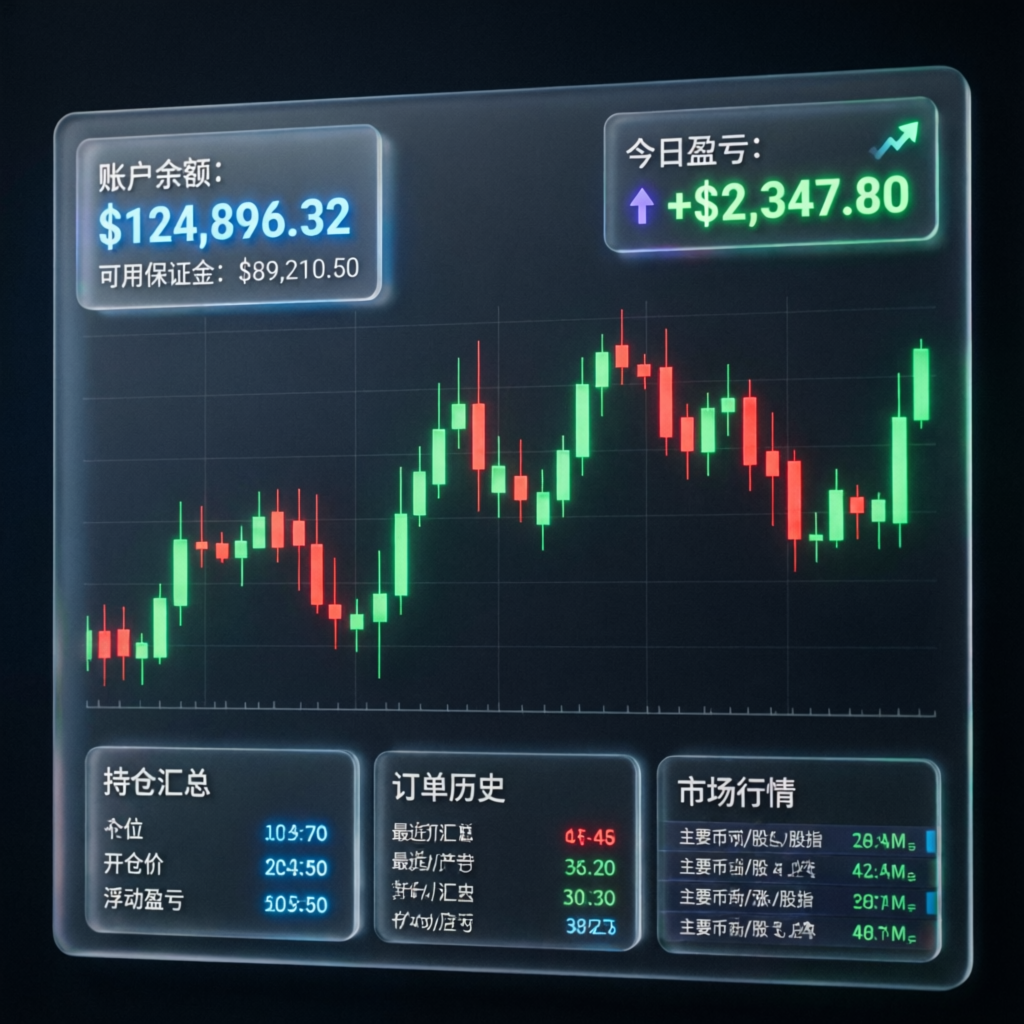 Modern trading dashboard with account balance and profit indicators